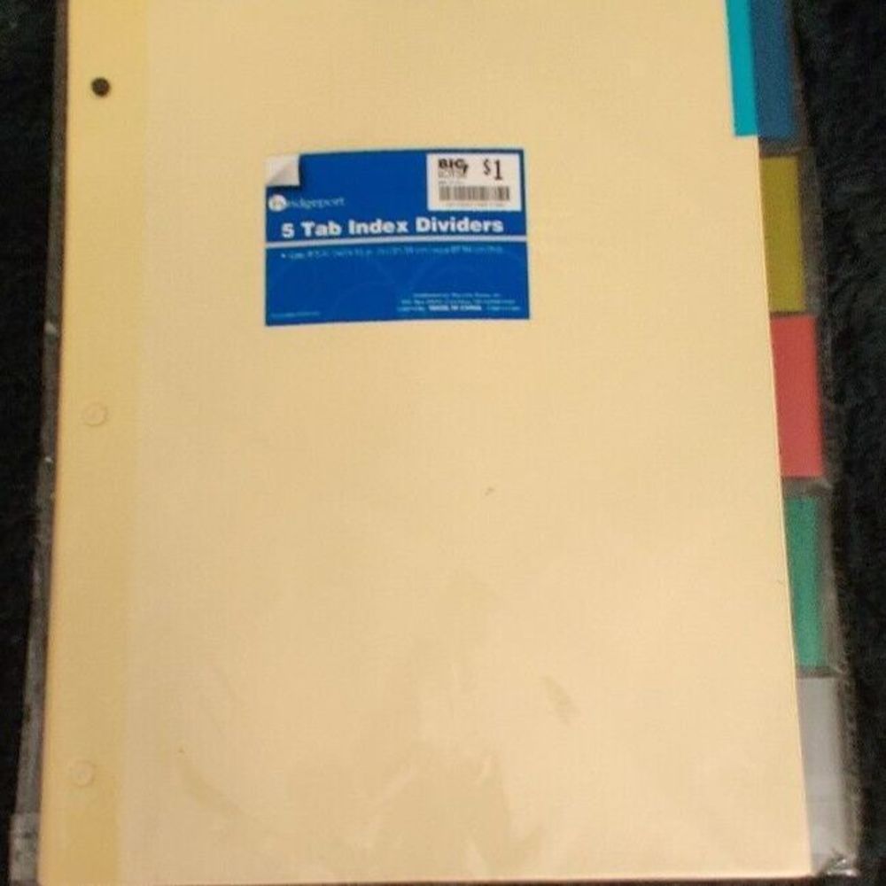Ridgeport Index Dividers 5 Insertable multicolor Tabs  15 pages 3 hole 8.5 X 11"